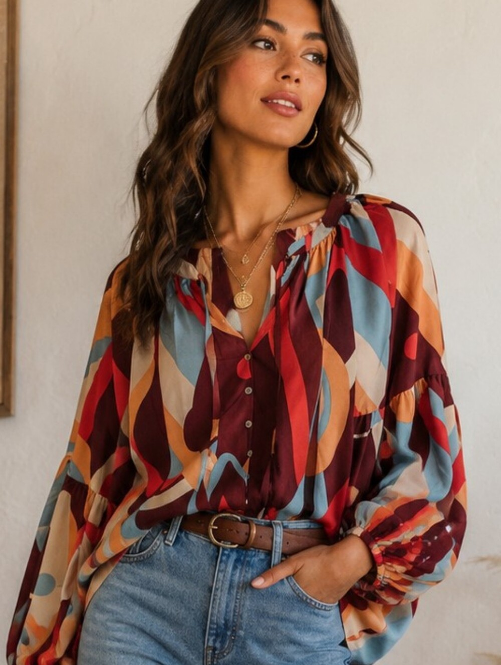 AUGUST SKY FLOWY STATEMENT SLEEVE GEOMETRIC BOHO BLOUSE TOP SIZE LARGE LIKE NEW!